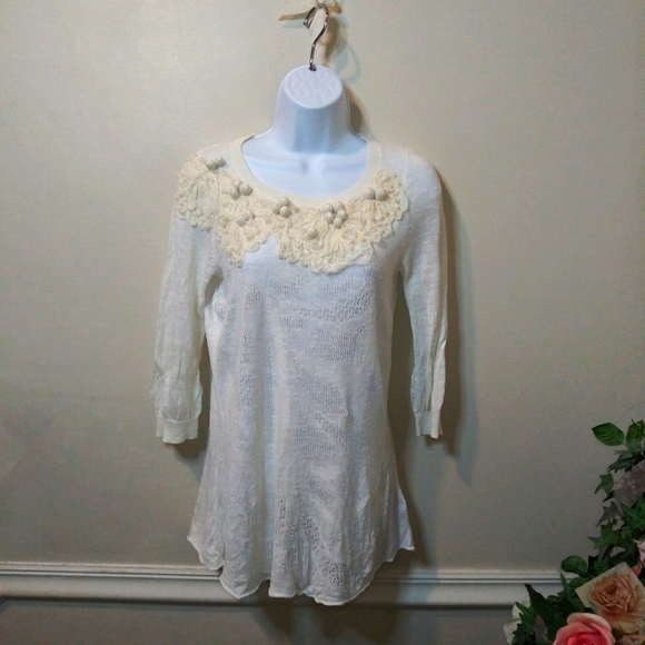Anthropologie Sweaters - Anthropologie Floreat Ivory Cottagecore Style Crocheted Linen Blend Sweater